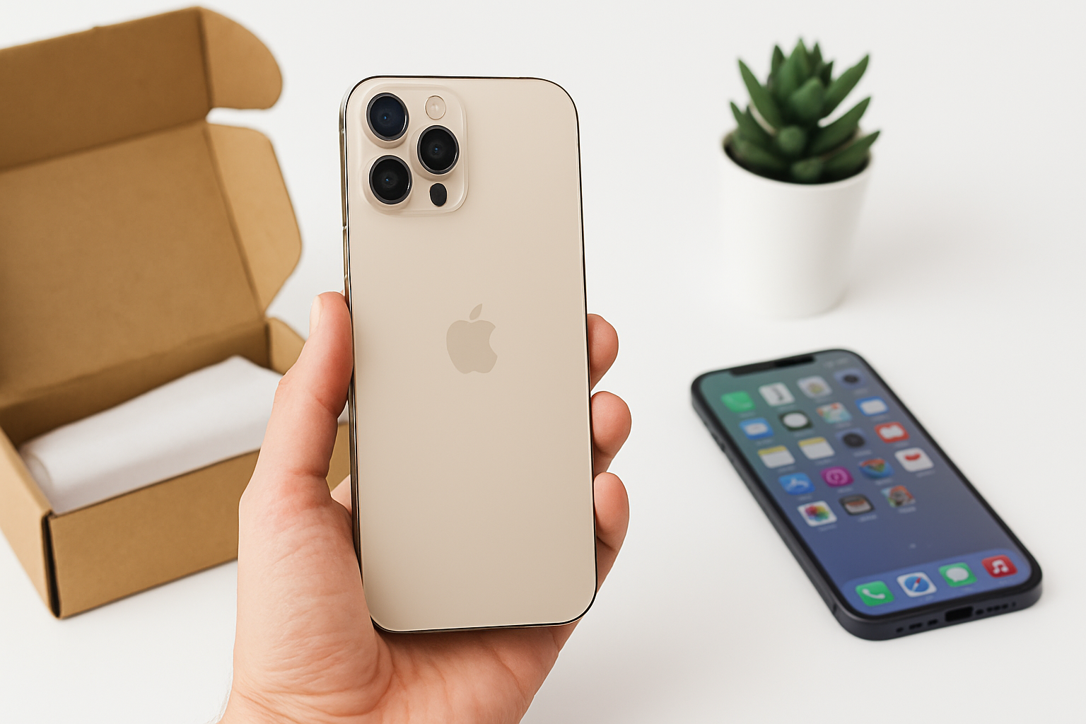 Goldenes iPhone mit Dreifachkamera in einer Hand, daneben ein weiteres Smartphone auf dem Tisch und ein offener Karton im Hintergrund.