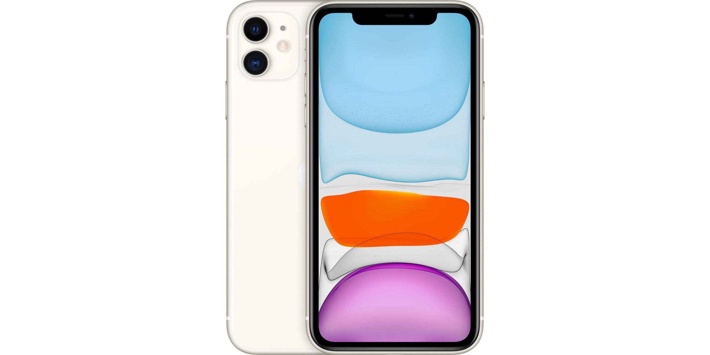 iPhone 11 in Weiß mit Vorder- und Rückseite, Dualkamera und großem Display mit buntem Hintergrundmotiv.