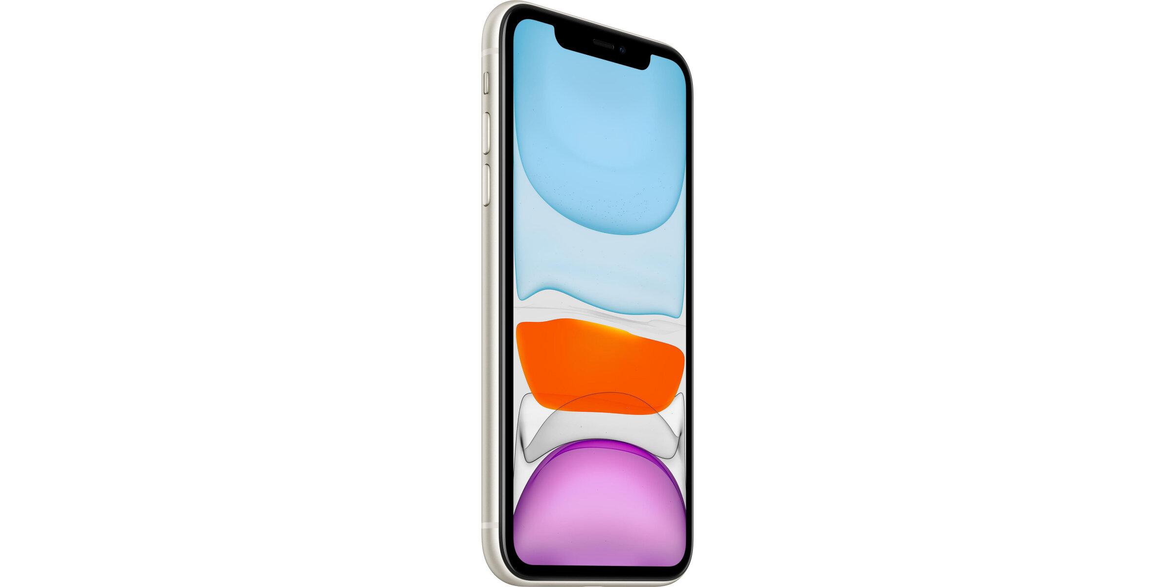 Weißes iPhone 11 in schräger Vorderansicht vor weißem Hintergrund, Display mit abstraktem blau-orange-violettem Wallpaper.