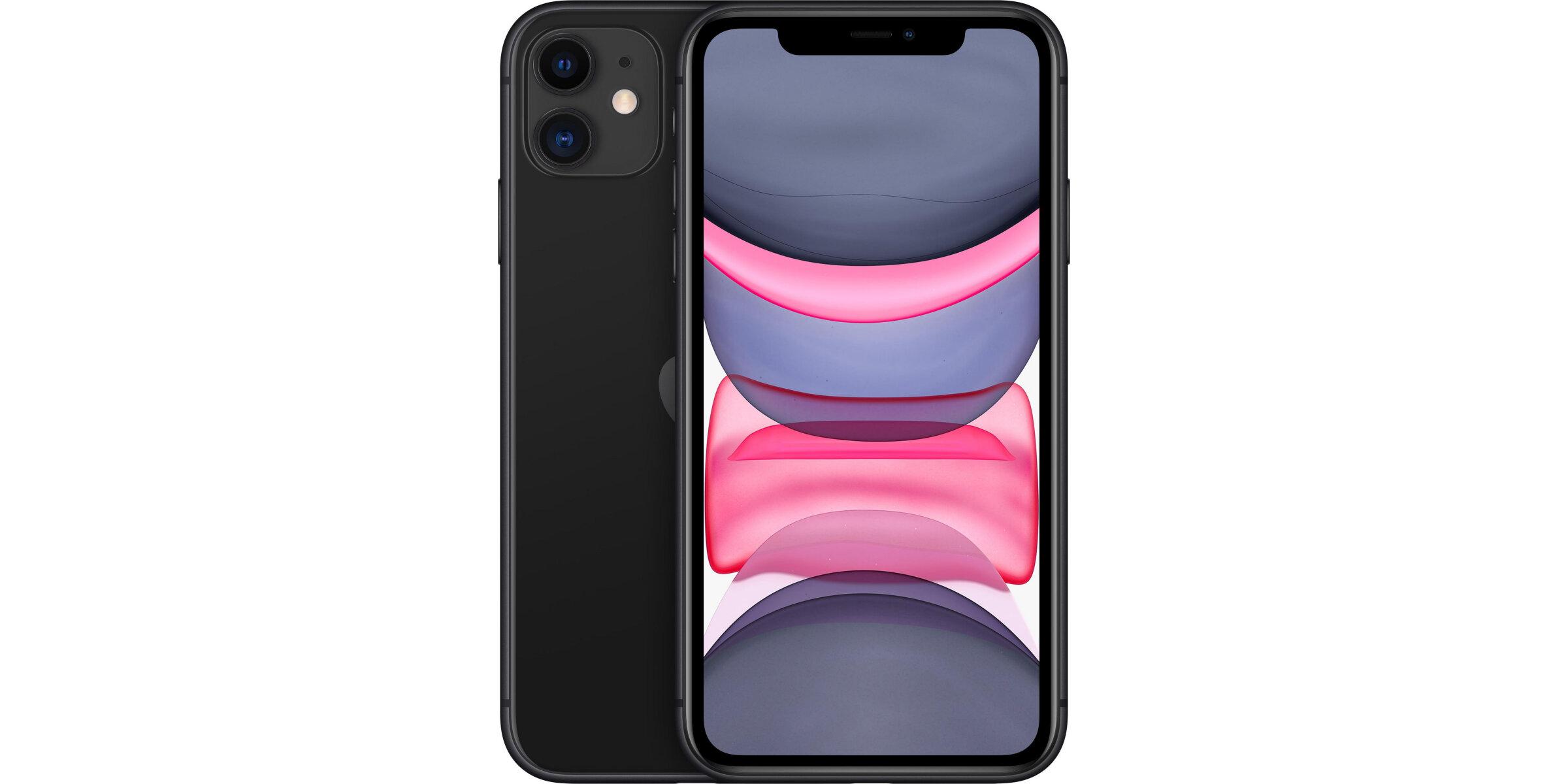 Ein schwarzes Apple iPhone, von vorne und hinten dargestellt. Auf dem Display ist ein farbiges Hintergrundbild in Grau-, Rosa- und Violetttönen zu sehen, die Rückseite zeigt eine Dual-Kamera mit LED-Blitz.