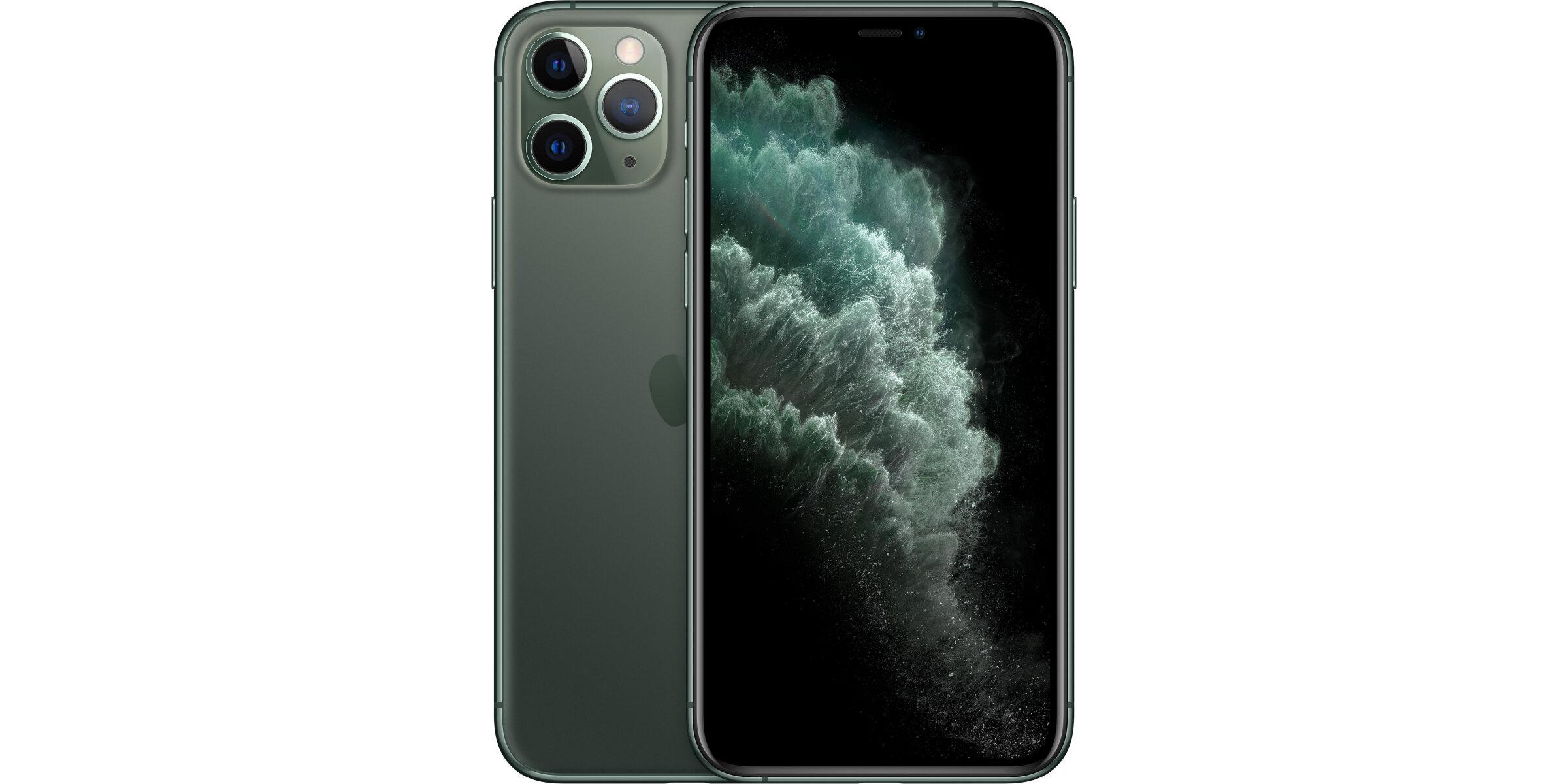 iPhone 11 Pro in Dunkelgrün, Vorder- und Rückseite mit großem Display und Dreifachkamera.