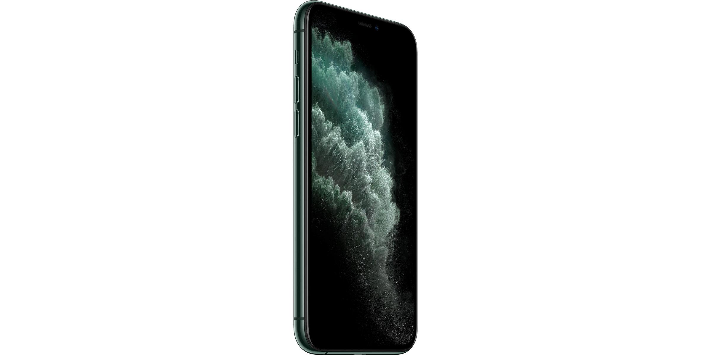 Dunkelgrünes Smartphone in seitlicher Ansicht, Vorderseite mit großem Display und abstraktem Hintergrund in dunklen Grüntönen.