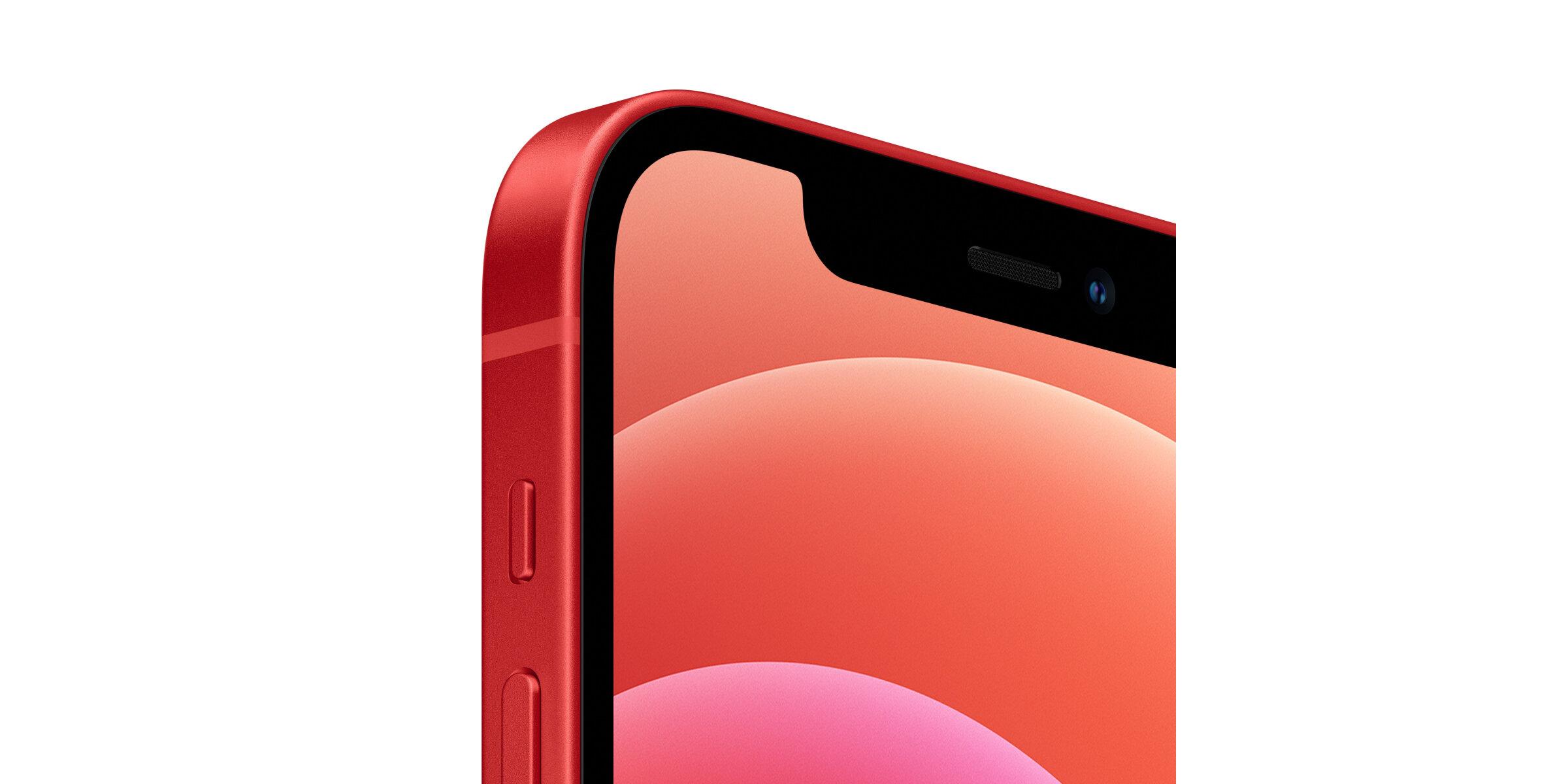 Nahaufnahme der Vorderseite eines roten iPhones. Sichtbar ist die obere Displayhälfte mit Notch, Frontkamera und farbigem Hintergrund in Rot- und Pinktönen.