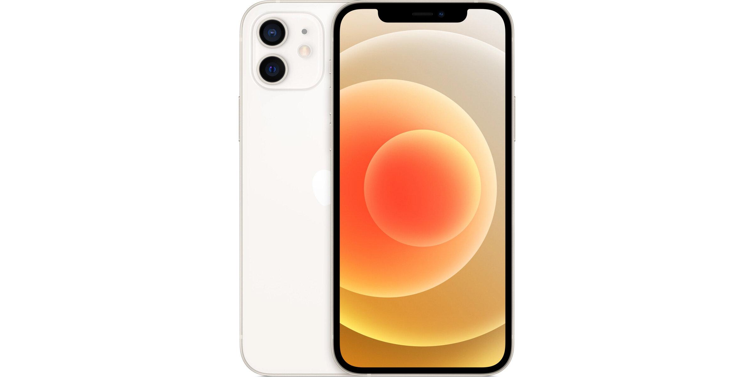 Weißes Smartphone mit großem Display und Dualkamera, Vorder- und Rückseite nebeneinander dargestellt, modernes Design mit orangefarbenem Bildschirmhintergrund.