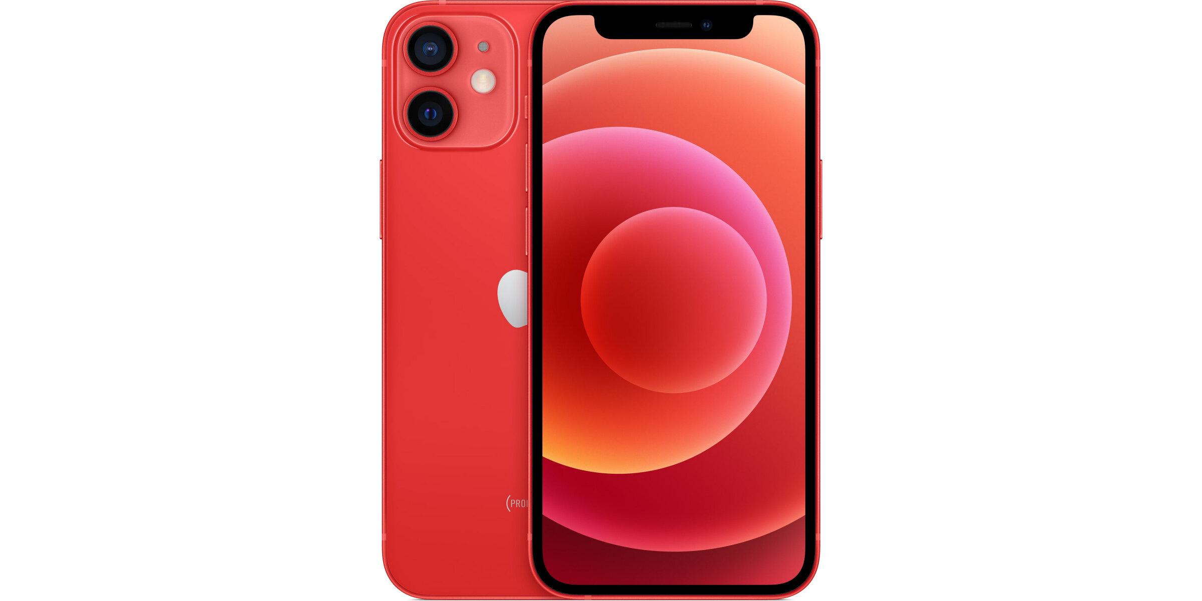 Rotes Apple iPhone 12 Mini mit Vorder- und Rückseite, Display mit rotem Kreisdesign und Dual-Kamera auf der Rückseite sichtbar.