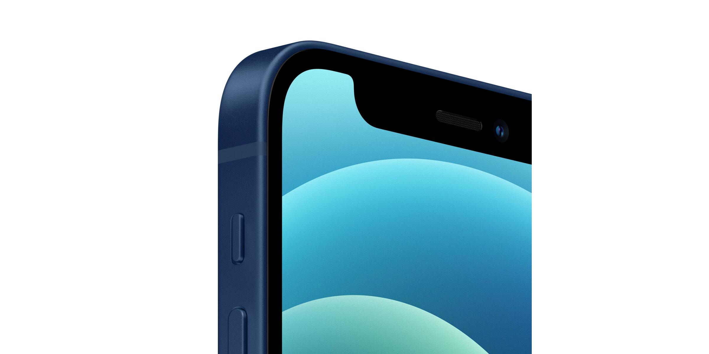 Nahaufnahme eines blauen Smartphones mit flachem Rahmen und Display mit blauem Hintergrund, modernes kompaktes Design.