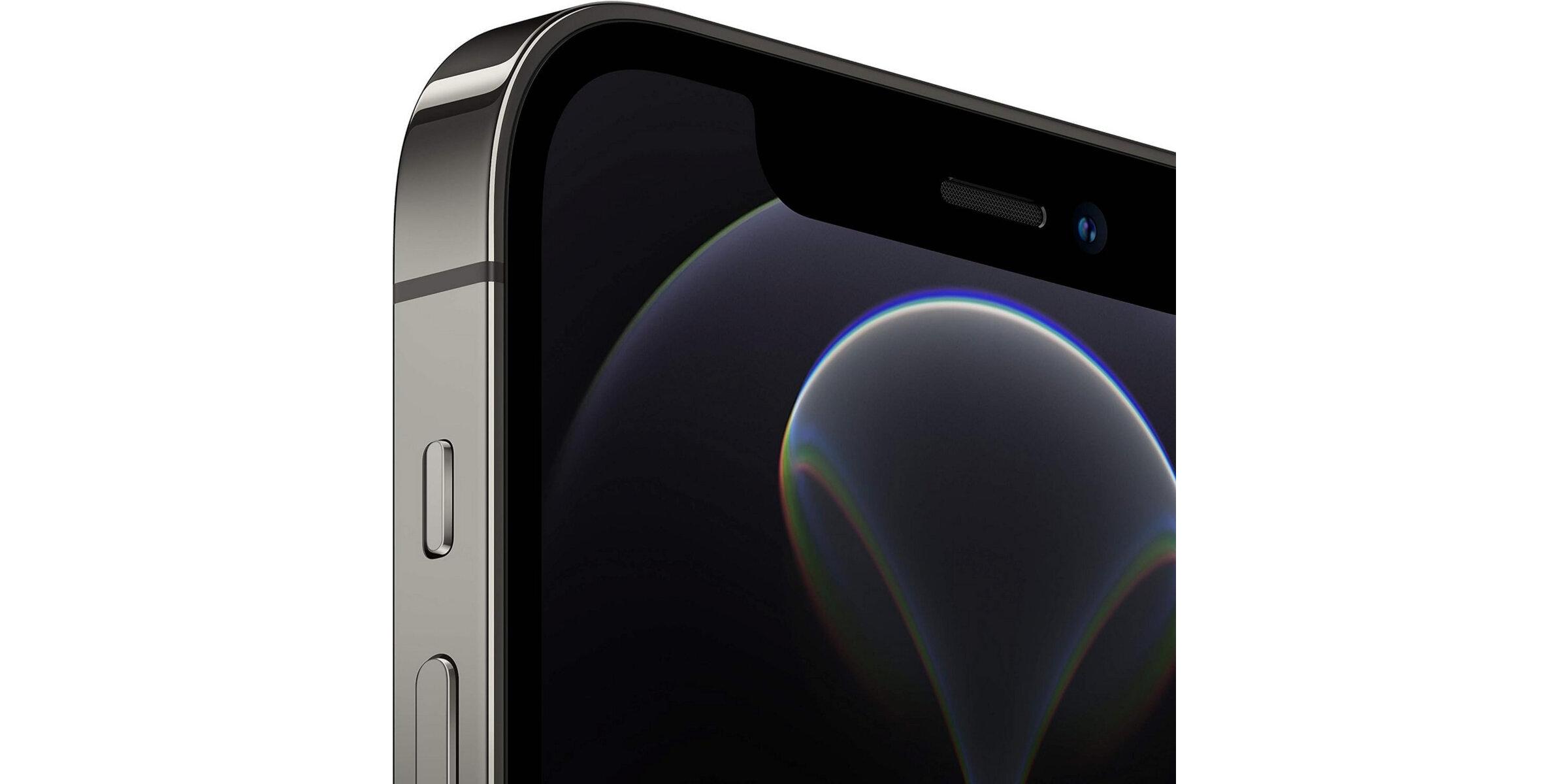 Nahaufnahme eines iPhone 12 Pro in Graphit mit kantigem Edelstahlrahmen und Display mit dunklem Hintergrundmotiv.