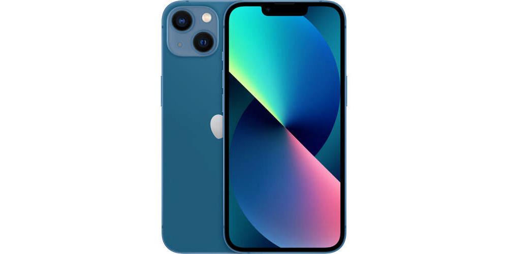 Blaues Apple iPhone 13 mit Vorder- und Rückseite, Display mit farbigem abstrakten Muster, Dual-Kamera auf der Rückseite sichtbar.