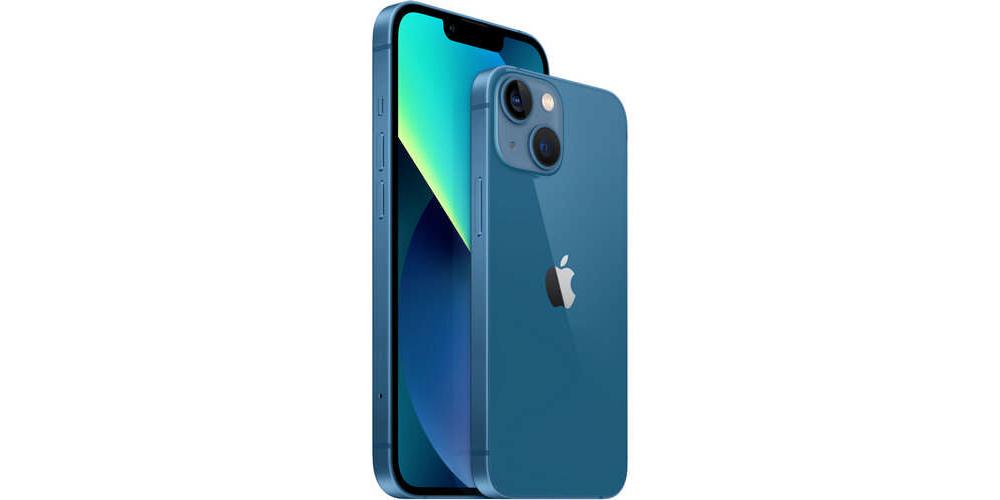 Blaues Smartphone-Modell mit Vorder- und Rückseite, angezeigt aus schräger Perspektive. Auf der Rückseite befinden sich zwei Kameralinsen und ein Apple-Logo.