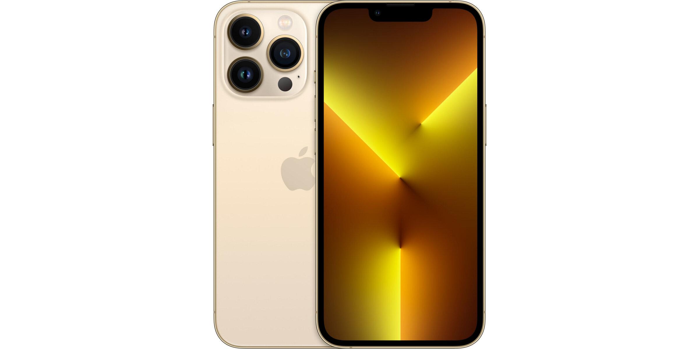 Goldfarbenes Smartphone mit großem Display und Dreifachkamera, Vorder- und Rückseite nebeneinander gezeigt, elegantes Premium-Design.