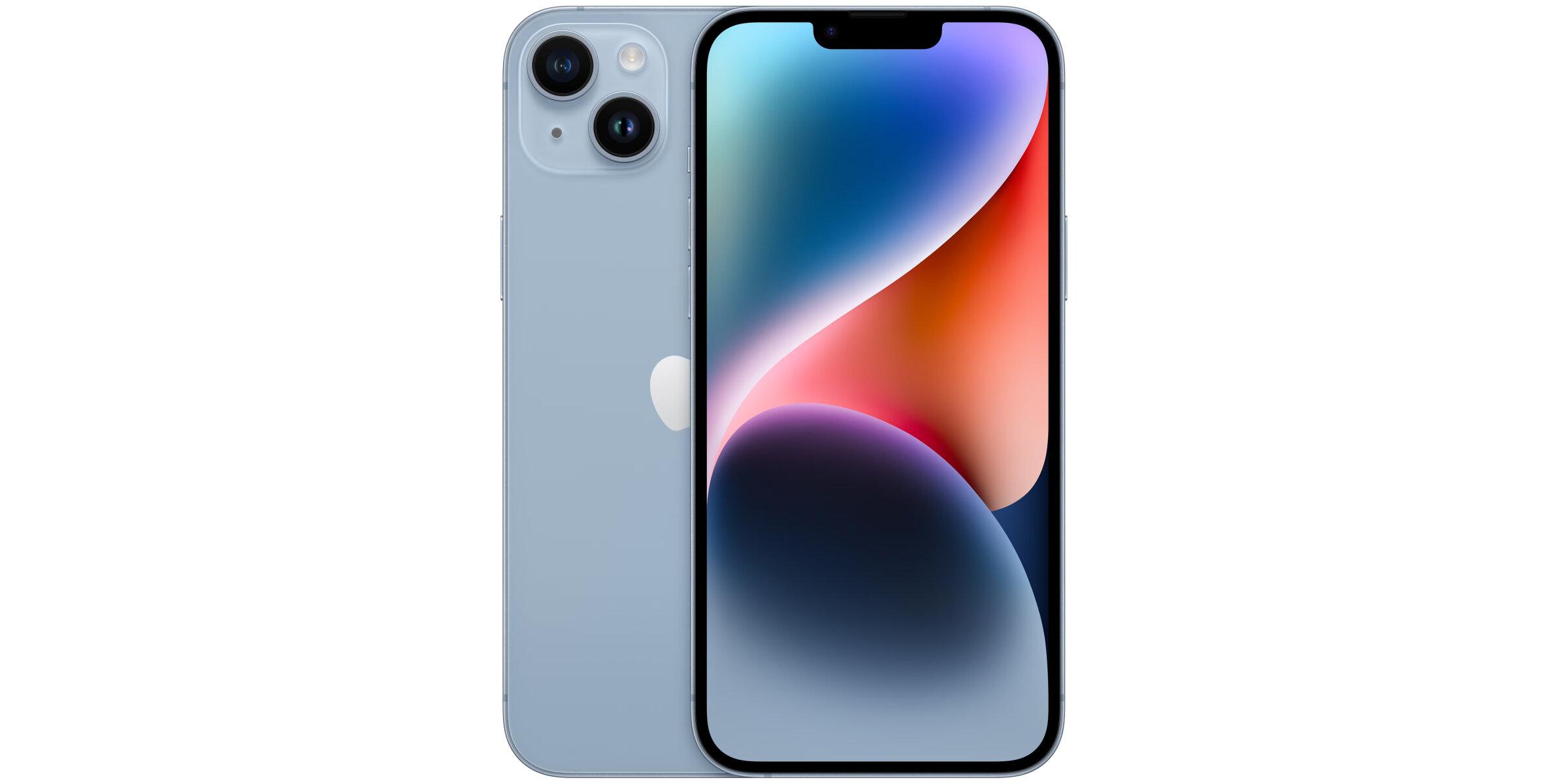 Hellblaues iPhone mit Rückseite und Vorderseite nebeneinander, Dual-Kamera sichtbar, Display mit farbigem abstraktem Verlauf vor weißem Hintergrund.