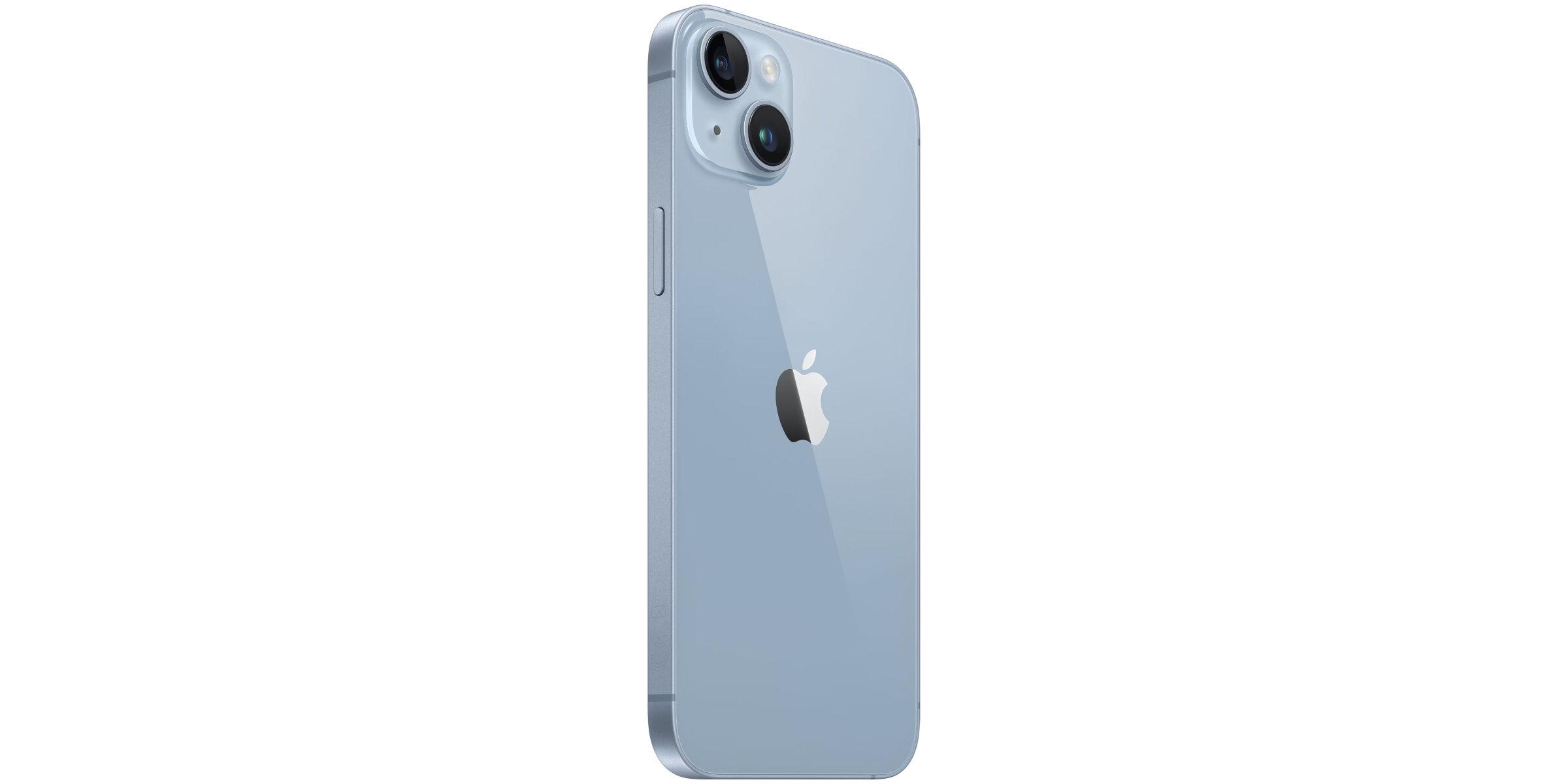 Ein hellblaues Apple iPhone, schräg von hinten gezeigt. Sichtbar sind die glänzende Rückseite mit Apple-Logo sowie die Dual-Kamera in der oberen linken Ecke.