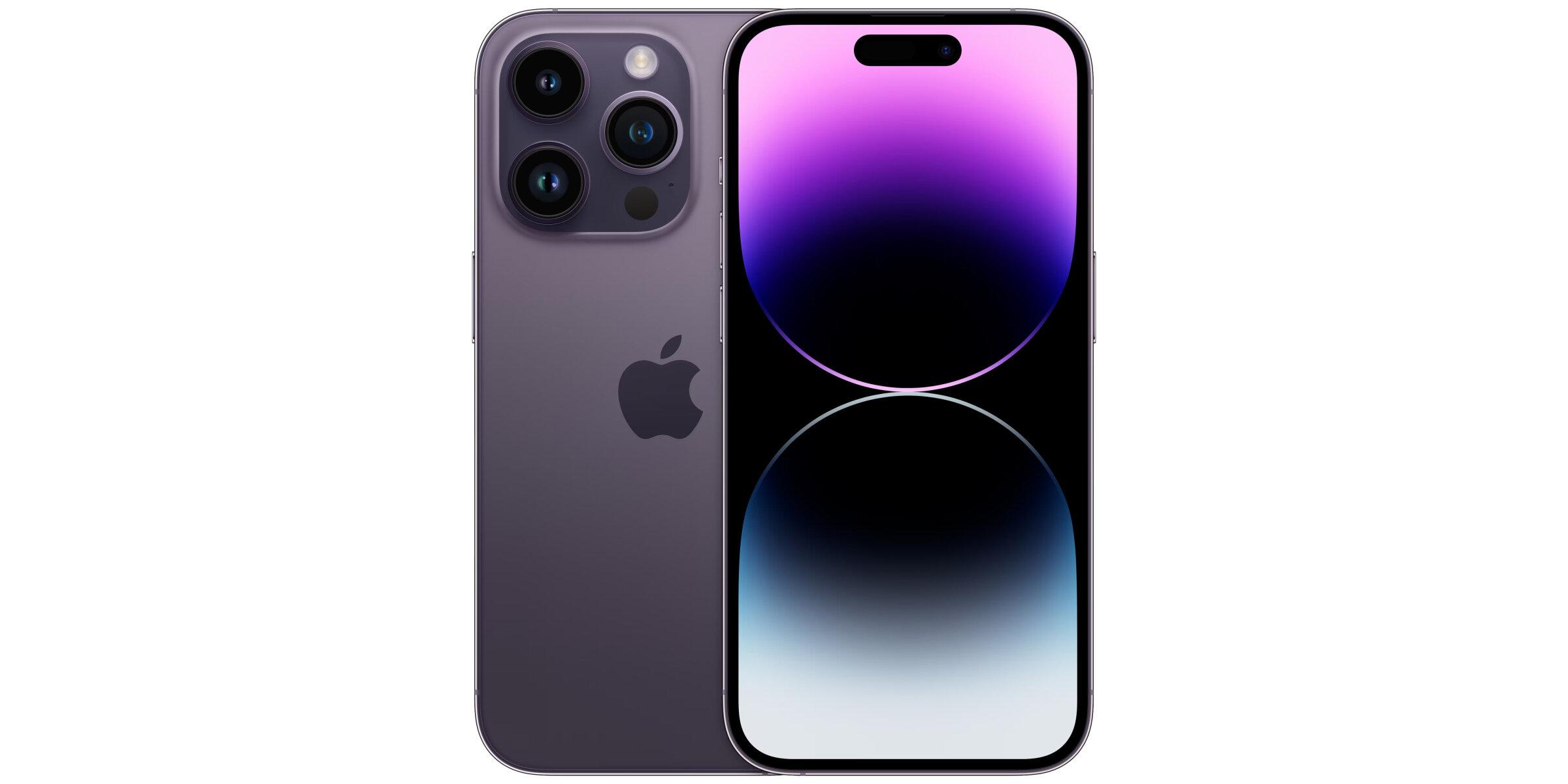 Ein dunkelviolettes Apple iPhone, von vorne und hinten dargestellt. Der Bildschirm zeigt ein lila-blaues Hintergrundbild, die Rückseite eine Dreifach-Kamera mit LED-Blitz.