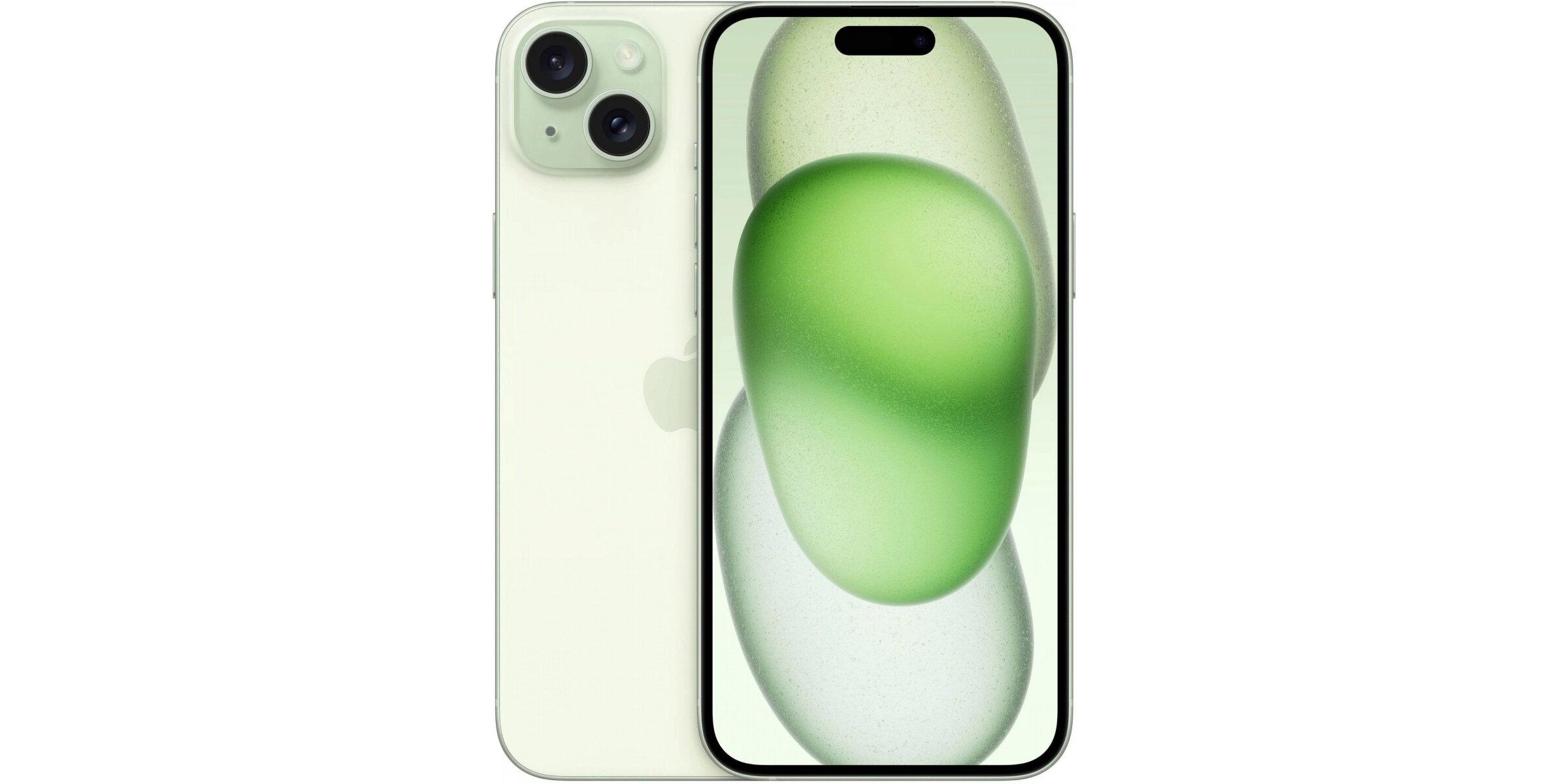 Helles Smartphone in Pastellgrün mit Vorder- und Rückseite. Vorne ist ein Display mit grünem, abstraktem Motiv, hinten ein Kamera-Modul mit zwei Linsen links oben.