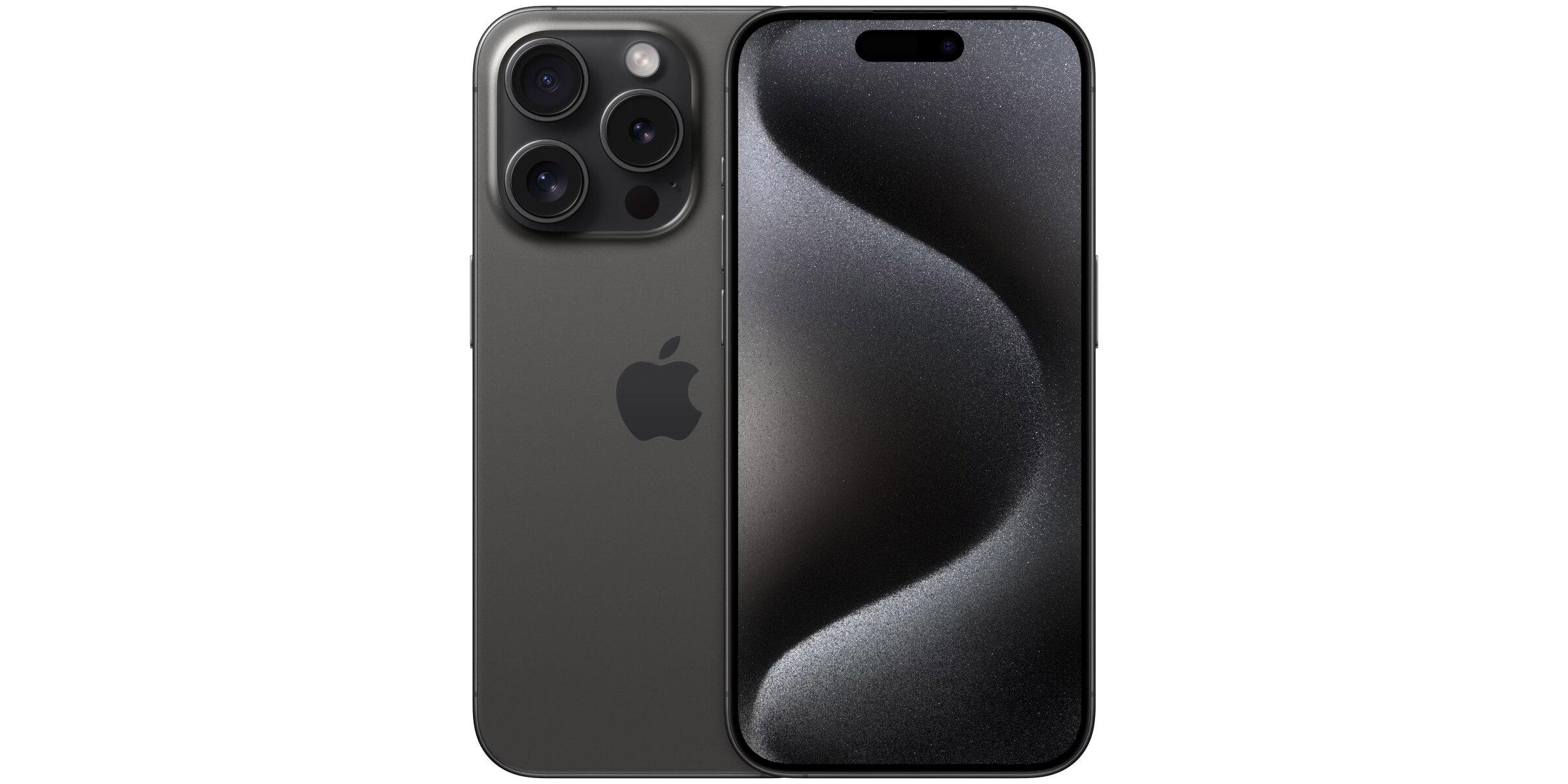 Schwarzes Smartphone mit großem Display und Dreifachkamera, Vorder- und Rückseite nebeneinander dargestellt, elegantes Titan-Design.