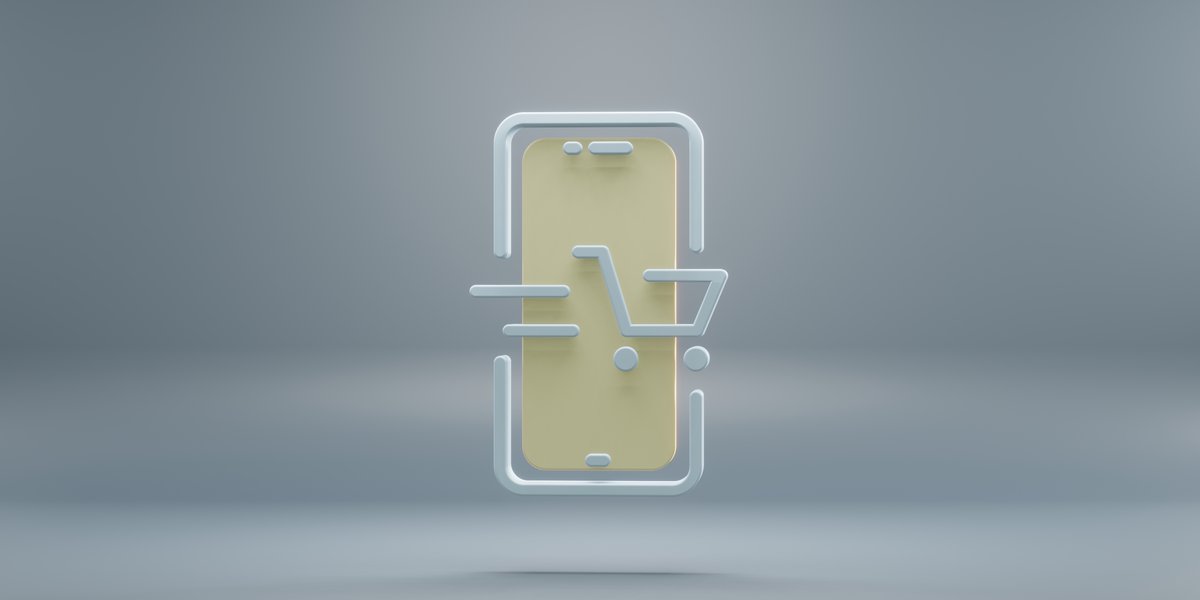Eine minimalistische 3D-Illustration zeigt ein stilisiertes Smartphone in goldgelber Farbe mit einem weißen Einkaufswagen-Symbol, das vor dem Bildschirm schwebt. Das Design ist modern und clean, mit weichen Schatten auf einem sanften grauen Verlaufshintergrund. Die Darstellung symbolisiert mobiles Einkaufen und E-Commerce-Konzepte.